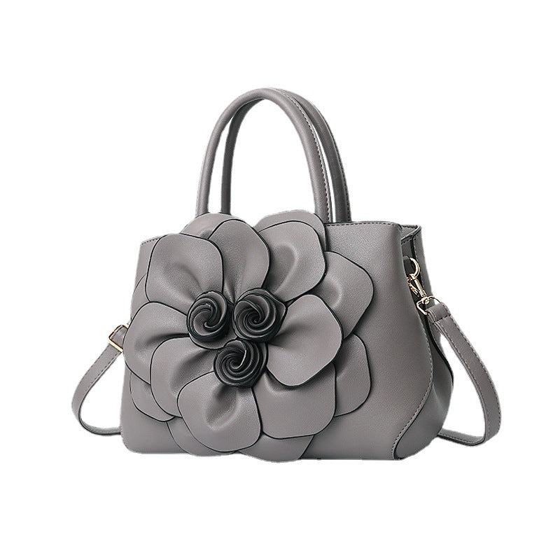 GESSY PU LEATHER BIG ROSE 3D FLOWER DECOR HANDBAG TOTE BAG